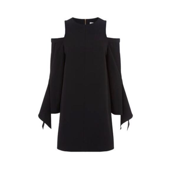 Tibi Women's Tie Sleeve Cold Shoulder Crepe Mini Dress Crew Neck Black Size 8 - Picture 7 of 16